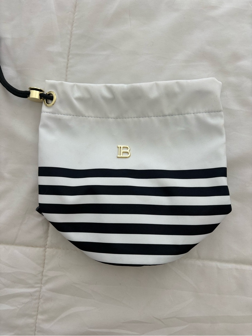 Balmain White and Black Striped Drawstring Cosmetic Pouch